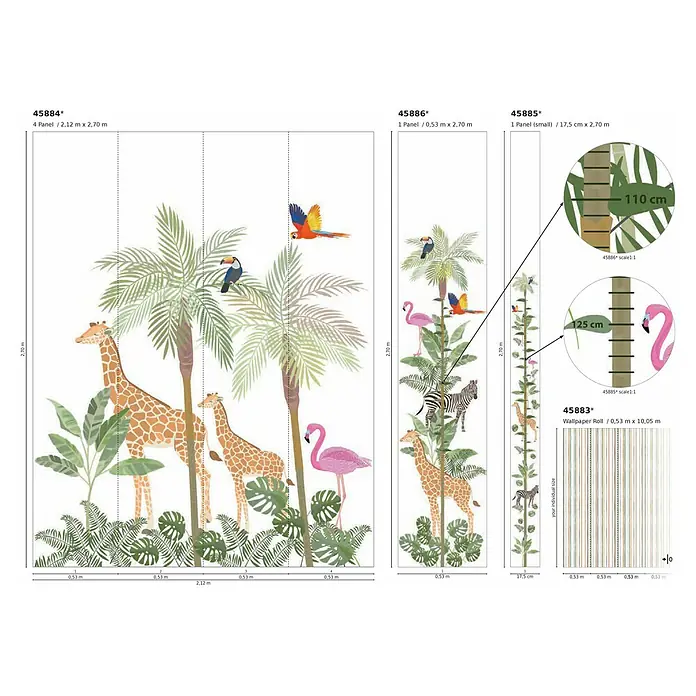 Marburg Kids' Walls Vliestapete Kombistreifen I - Weiß/Grün/Beige, Streifen, 10,05 x 0,53 m - Wandbild mit Dschungelmotiven: Giraffen, Flamingos, Palmen und exotische Vögel. Ideal für Kinderzimmer, bringt ein Stück Wildnis ins Haus.