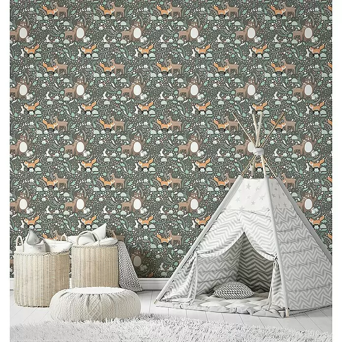 Marburg Kids' Walls Vliestapete Waldfreunde - Grün/Grau/Braun, Tieroptik, 10,05 x 0,53 m - Kinderzimmertapete mit niedlichem Waldtiermuster: Rehe, Füchse, Bären und Kaninchen inmitten von Bäumen und Pflanzen.