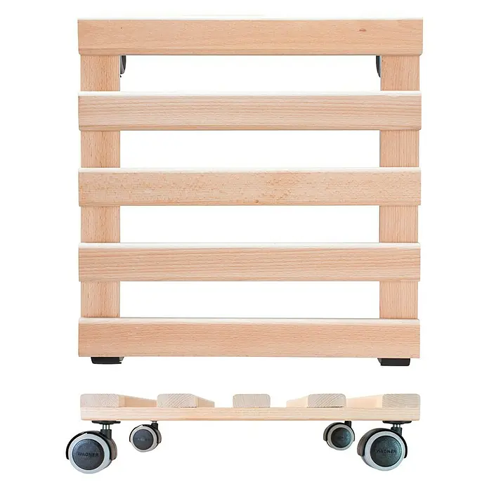 Wagner System Pflanzenroller Paletti - 34 x 34 cm, Max. Belastung: 100 kg - Holzmöbelroller mit Rollen. Der Möbelroller ist aus hellem Holz gefertigt und hat Rollen für einen einfachen Transport.