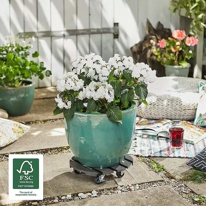 Wagner System Pflanzenroller - 29 cm, WPC, Anthrazit, Max. Belastung: 100 kg - Dunkelgrauer Pflanzenroller mit Lattenrost und Rollen, der einen großen türkisfarbenen Topf mit weißen Blumen auf einer Terrasse trägt.