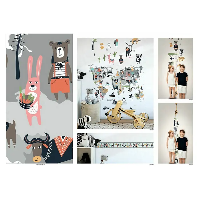 Marburg Kids' Walls Fototapete Tiere aus der ganzen Welt - B x H: 159 x 270 cm, Vlies - Eine Collage zeigt bunte Kinderzimmerdekorationen mit Tiermotiven, darunter Wandbilder, Bordüren und Messlatten.