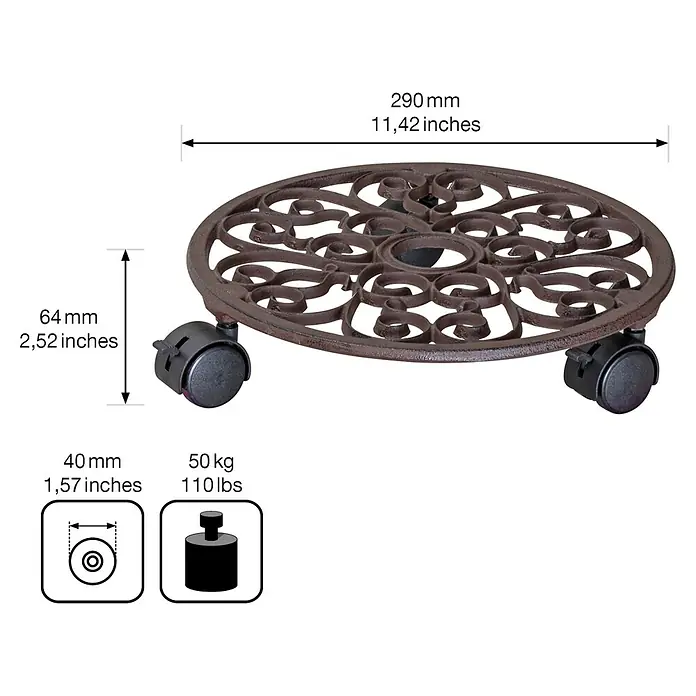 Wagner System Pflanzenroller Ferrum - Rund, Max. Belastung: 50 kg - Nahaufnahme eines Pflanzenrollers aus Metall mit Rädern und Maßangaben zu Größe und Tragkraft.