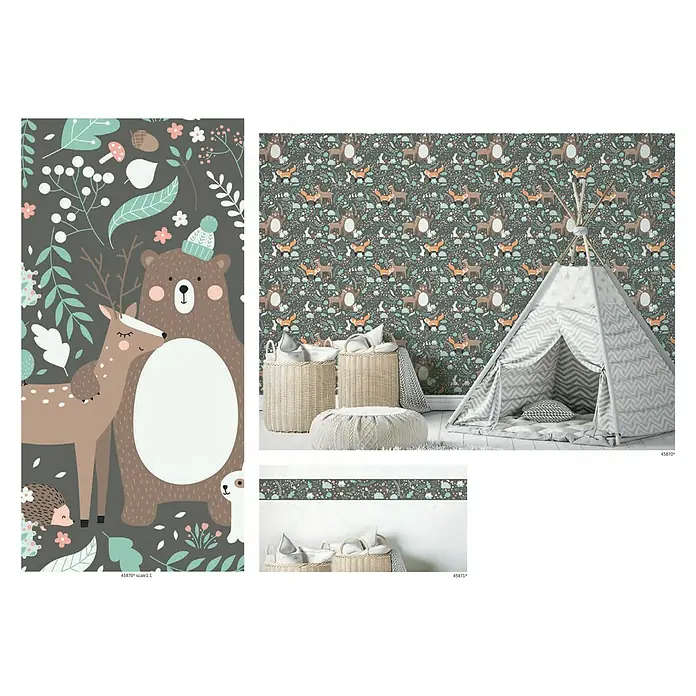 Marburg Kids' Walls Vliestapete Waldfreunde - Grün/Grau/Braun, Tieroptik, 10,05 x 0,53 m - Einrichtungsideen mit niedlichen Waldtier-Motiven, wie Bären, Hirsche, Füchse und Hasen auf Tapeten, Bordüren und Wandbildern für Kinderzimmer.