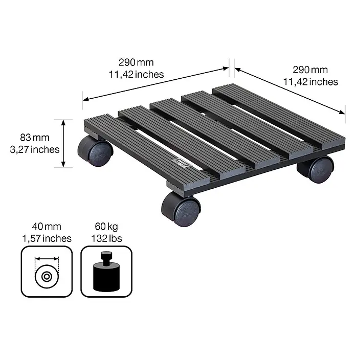Wagner System Pflanzenroller - 29 x 29 cm, Max. Belastung: 60 kg, WPC - Rollbarer Pflanzenroller mit den Maßen 290 mm x 290 mm, 83 mm Höhe, 40 mm Rollen und einer maximalen Traglast von 60 kg.