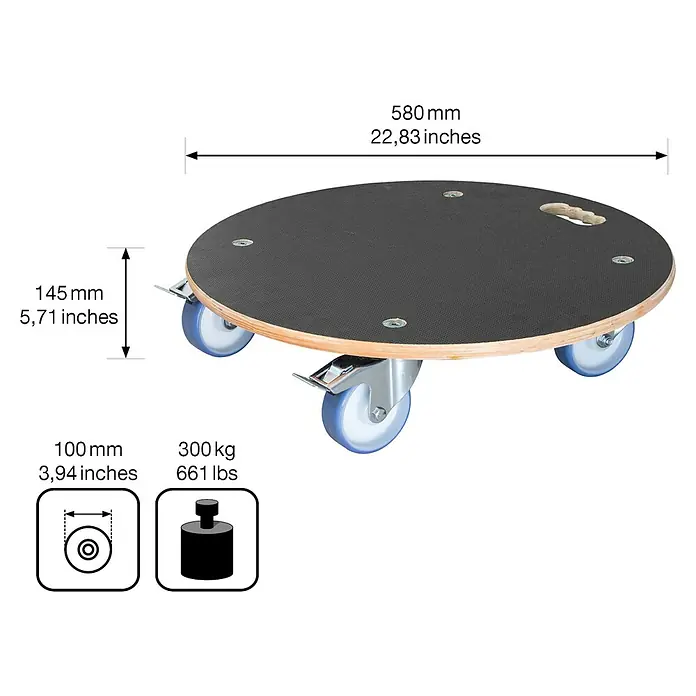 Wagner System Pflanzenroller XXL Grip - 58 cm, Max. Belastung: 300 kg - Das Bild zeigt ein rundes Möbelrollbrett mit den Maßen 580 mm Durchmesser und einer Höhe von 145 mm, belastbar bis 300 kg.