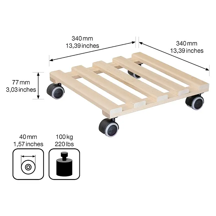 Wagner System Pflanzenroller Paletti - 34 x 34 cm, Max. Belastung: 100 kg - Produktbild eines rollbaren Pflanzenrollers aus hellem Holz mit den Maßen 340 mm x 340 mm und einer Traglast von 100 kg.