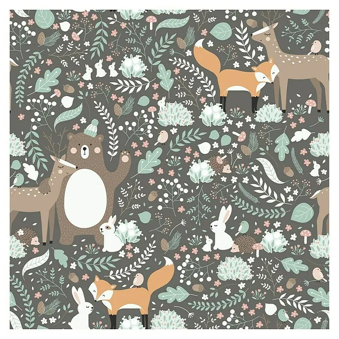 Marburg Kids' Walls Vliestapete Waldfreunde - Grün/Grau/Braun, Tieroptik, 10,05 x 0,53 m - Waldtiere Muster: Ein charmantes Muster mit Bären, Füchsen, Hasen und Hirschen inmitten von Blättern, Blumen und Beeren auf einem grauen Hintergrund.
