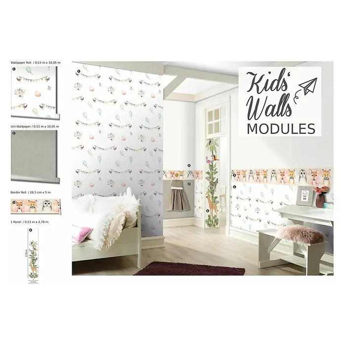 Marburg Kids' Walls Vliestapete - Grau/Multicolor, Grafisch, 10,05 x 0,53 m - Kinderzimmer-Dekor mit Tapetenrolle, Uni-Tapete, Bordürenrolle und Wandpaneel, die eine verspielte und freundliche Atmosphäre schaffen.
