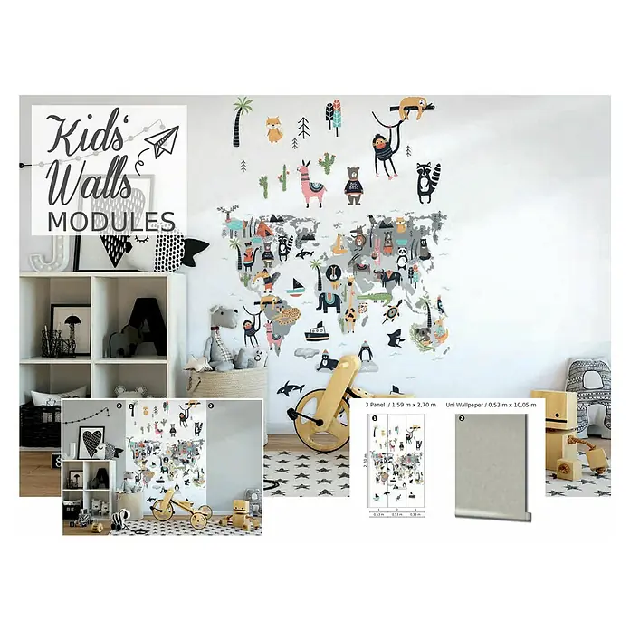 Marburg Kids' Walls Fototapete Tiere aus der ganzen Welt - B x H: 159 x 270 cm, Vlies - Produktbild von Kinderzimmer-Wandmodulen mit Weltkarte, Tieren, Möbeln und Spielzeug. Perfekt für die Gestaltung eines kreativen und anregenden Kinderzimmers.