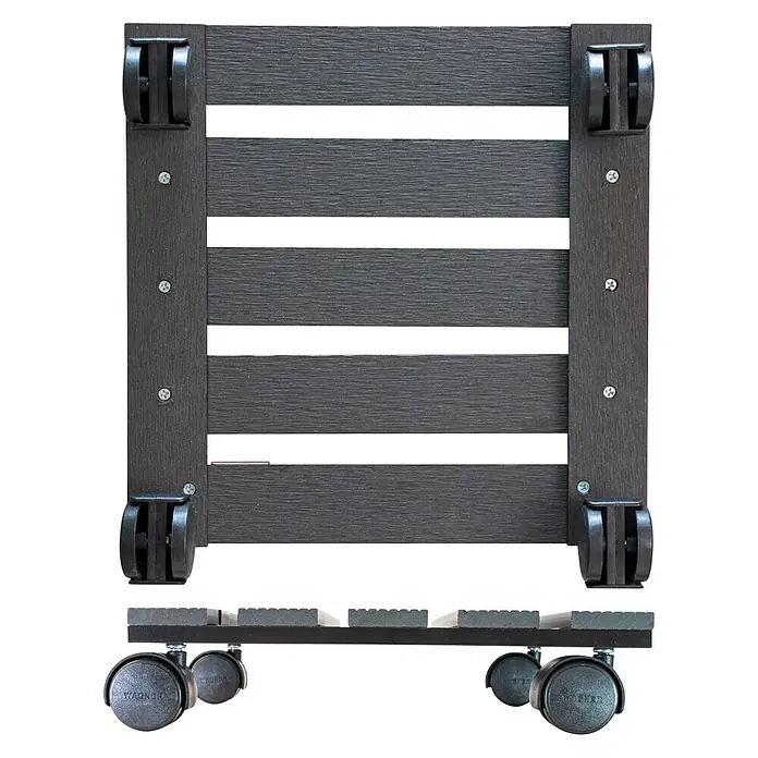 Wagner System Pflanzenroller - 29 x 29 cm, Max. Belastung: 60 kg, WPC - Abbildung eines Möbelrollers aus dunklem Holz mit Rollen, der sich ideal zum einfachen Bewegen von Möbeln eignet.