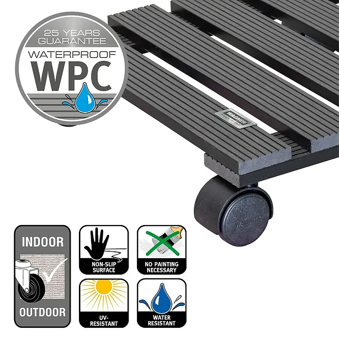 Wagner System Pflanzenroller - 29 x 29 cm, Max. Belastung: 60 kg, WPC - Abbildung eines WPC-Pflanzenrollers mit 25 Jahren Garantie, wasserfest, für Innen- und Außenbereiche geeignet, rutschfest, UV- und wasserbeständig.