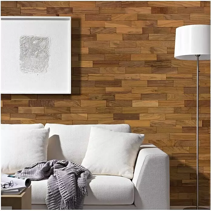 Wodewa Holzriemchen 200 Nussbaum - 100 Stk., L x B: 200 x 50 mm, 2 mm - 6 mm, Max. Anwendungsfläche: 1 m², Strukturiert UV-geölt - Stimmungsaufnahme