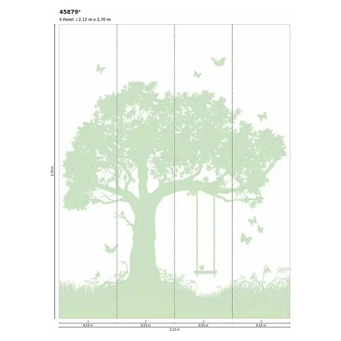 Marburg Kids' Walls Fototapete Baumschaukel - B x H: 212 x 270 cm, Vlies - Wandbild „Baum mit Schaukel“: 4-teiliges Wandbild mit einem Baum, einer Schaukel und Schmetterlingen in sanften Grüntönen, Größe 2,12 m x 2,70 m.