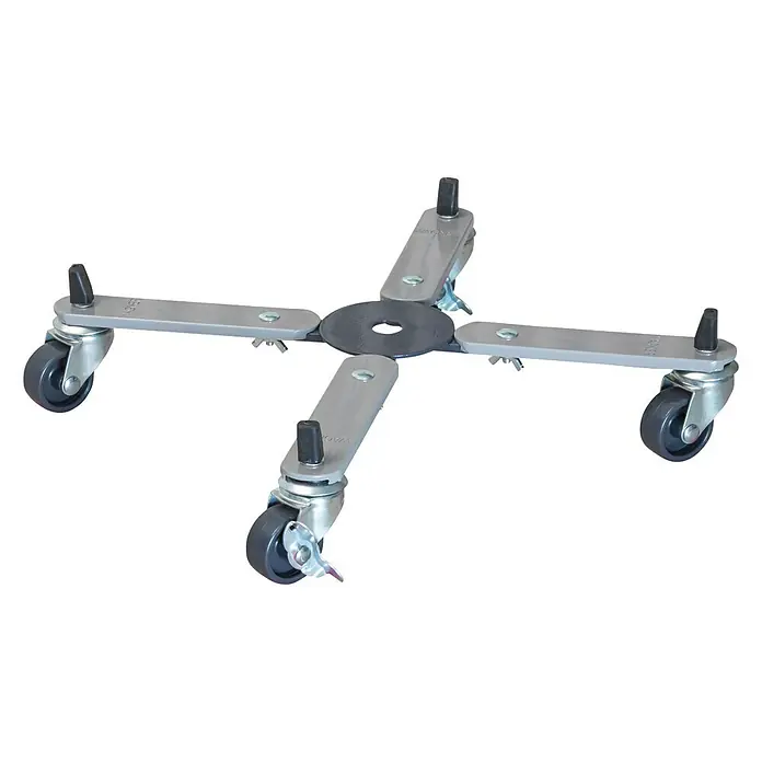 Wagner System Pflanzenroller Sunline Basic - Stahl, Max. Belastung: 100 kg - Das Bild zeigt eine universelle Geräte-Fahrgestell mit vier Rollen und verstellbaren Armen, die auf einem schwarzen Hintergrund steht.