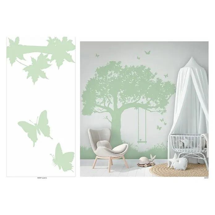 Marburg Kids' Walls Fototapete Baumschaukel - B x H: 212 x 270 cm, Vlies - Wandaufkleber mit Baum- und Schmetterlingsmotiven in sanftem Grün für ein friedliches Kinderzimmer, ideal für eine natürliche Atmosphäre.