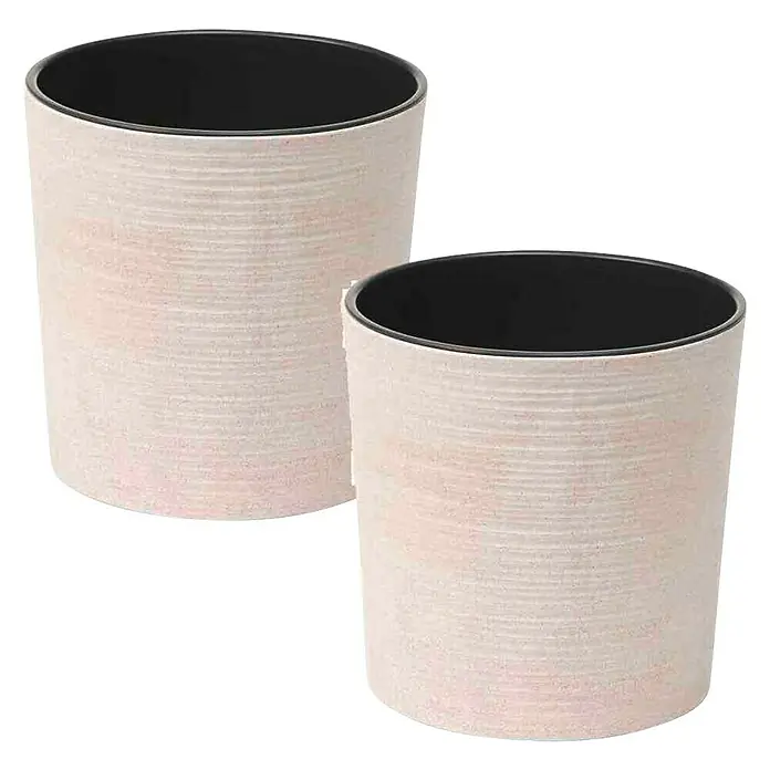Siena Garden Pflanztopf Set Lens Eco - 2 x Pflanztopf Ø30 x 30,5 cm, Kunststoff, Cremeweiß - Zwei zylindrische Pflanzgefäße mit einer texturierten, cremefarbenen Außenseite und schwarzem Innenraum.