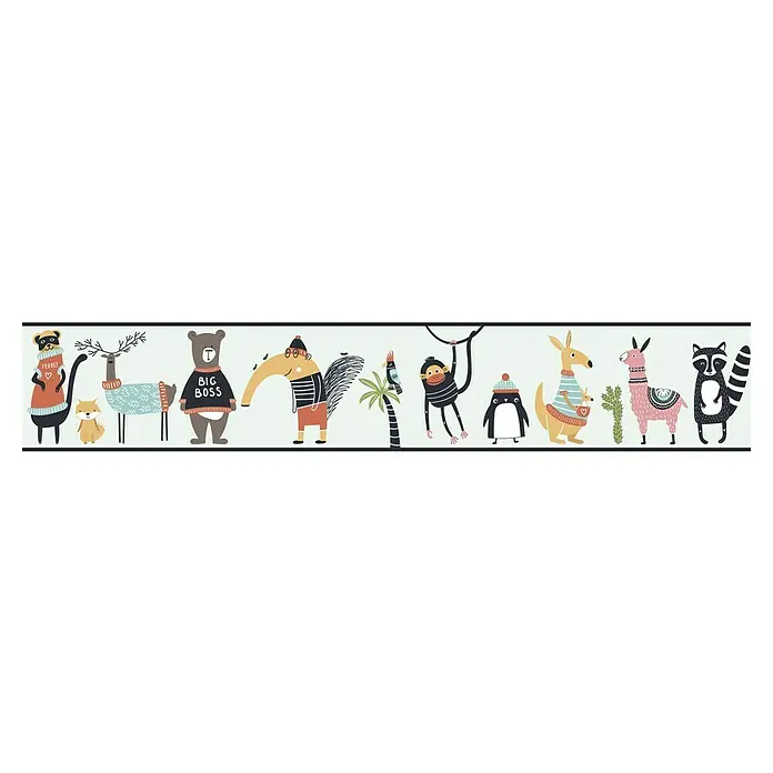 Marburg Kids' Walls Tapetenborte - Kunststoff, Grün/Multicolor - Niedliche Tierillustration mit Bär, Hirsch, Affe, Pinguin, Känguru, Lama & Waschbär in Winterkleidung, perfekt für Kinderzimmerdekoration.