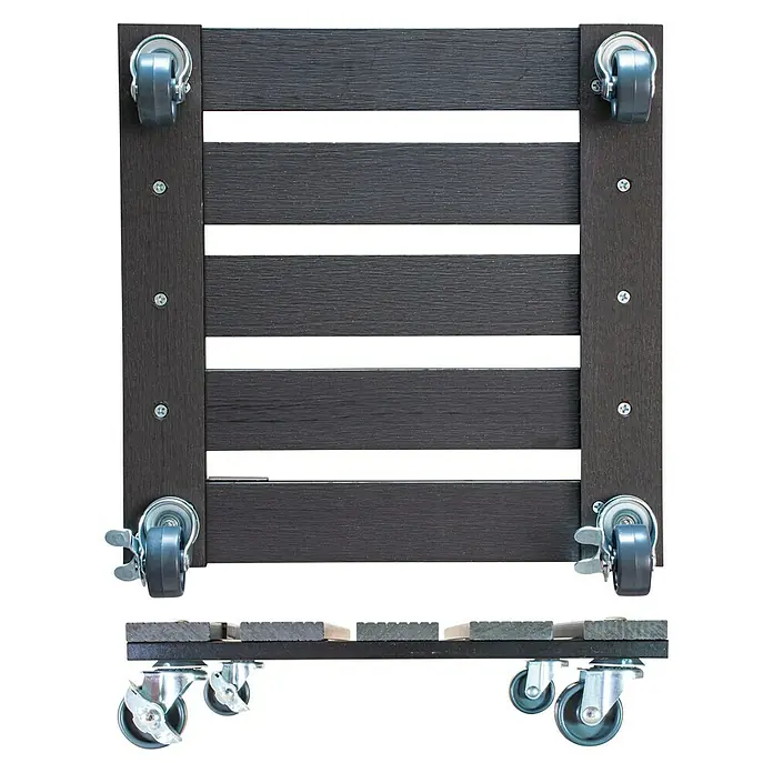Wagner System Pflanzenroller - 29 x 29 cm, WPC, Anthrazit, Max. Belastung: 80 kg - Das Bild zeigt eine Pflanzenroller aus dunklem Holz mit Rollen. Der Pflanzenroller ist quadratisch und hat mehrere Holzlatten.