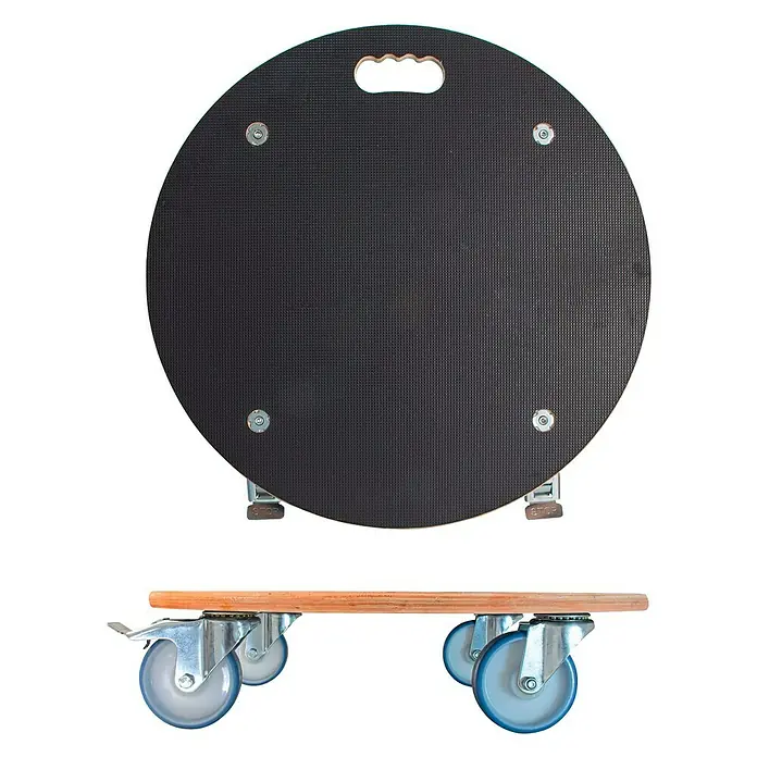 Wagner System Pflanzenroller XXL Grip - 58 cm, Max. Belastung: 300 kg - Abgebildet ist eine runde Möbelrolle mit einem Tragegriff und Rollen, die das Bewegen von Möbeln erleichtern.