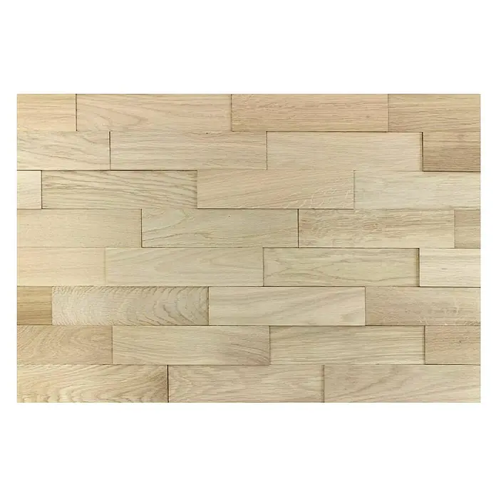 Wodewa Holzriemchen 200 Eiche Natur - 100 Stk., L x B: 200 x 50 mm, 2 mm - 6 mm, Max. Anwendungsfläche: 1 m², Unbehandelt - Detailaufnahme einer hellen Holzverkleidung mit rechteckigen Stücken, die ein elegantes, modernes Wanddesign erzeugen.