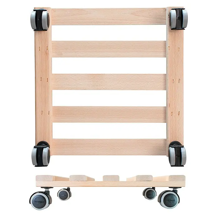 Wagner System Pflanzenroller Paletti - 34 x 34 cm, Max. Belastung: 100 kg - Bild eines Holzregals mit Rädern für den einfachen Transport. Ideal für schwere Gegenstände. Robuste Konstruktion für hohe Belastbarkeit.