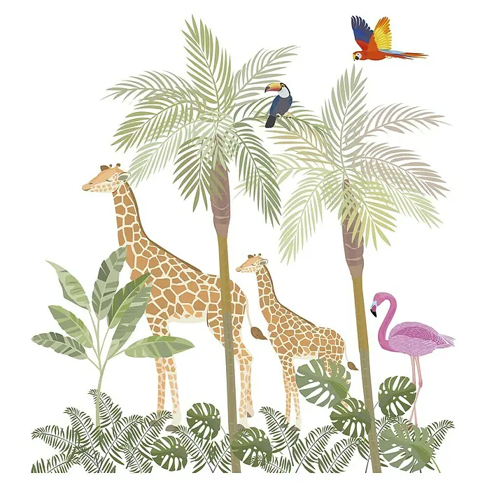 Marburg Kids' Walls Fototapete Exotische Tiere - B x H: 212 x 270 cm, Vlies - Eine Dschungel-Illustration mit Giraffen, einem Tukan, einem Flamingo, einem Ara und Palmen, die eine exotische und lebendige Szene darstellt.