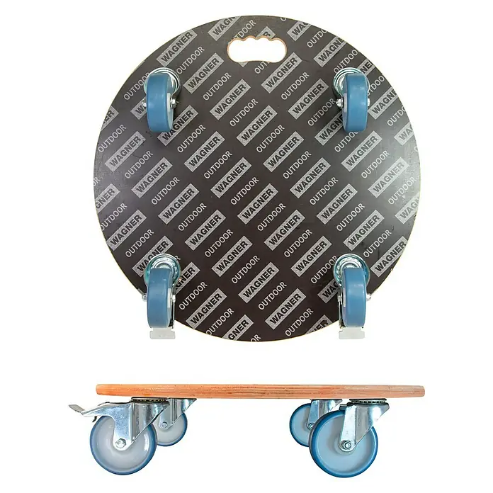 Wagner System Pflanzenroller XXL Grip - 58 cm, Max. Belastung: 300 kg - Ein Rollbrett mit 'Wagner Outdoor' Aufdruck und blauen Rädern, ideal für den Garten. Es ermöglicht bequemes Arbeiten im Freien.