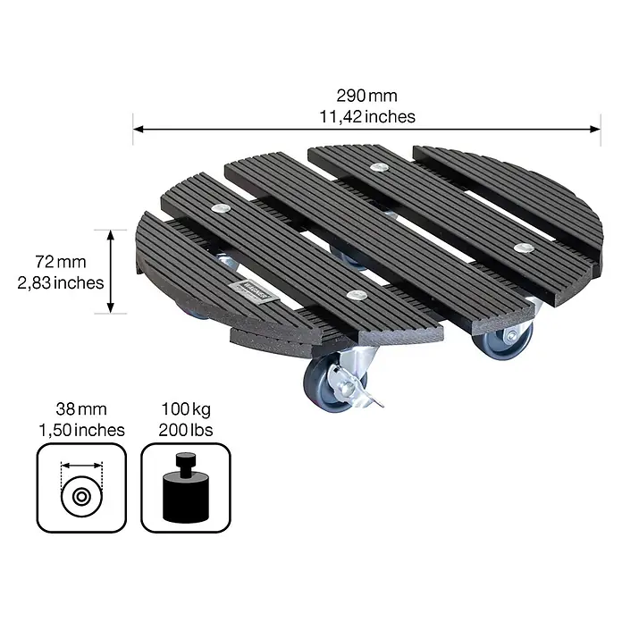 Wagner System Pflanzenroller - 29 cm, WPC, Anthrazit, Max. Belastung: 100 kg - Das Bild zeigt einen runden, fahrbaren Pflanzenroller aus Holz mit einer Traglast von bis zu 100 kg.