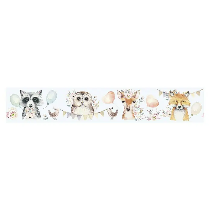 Marburg Kids' Walls Tapetenborte - Kunststoff, Grau/Multicolor - Aquarell-Illustration mit Waldtieren wie Waschbär, Eule, Reh und Fuchs, verziert mit Blumen und Luftballons, ideal für Kinderzimmerdekoration.