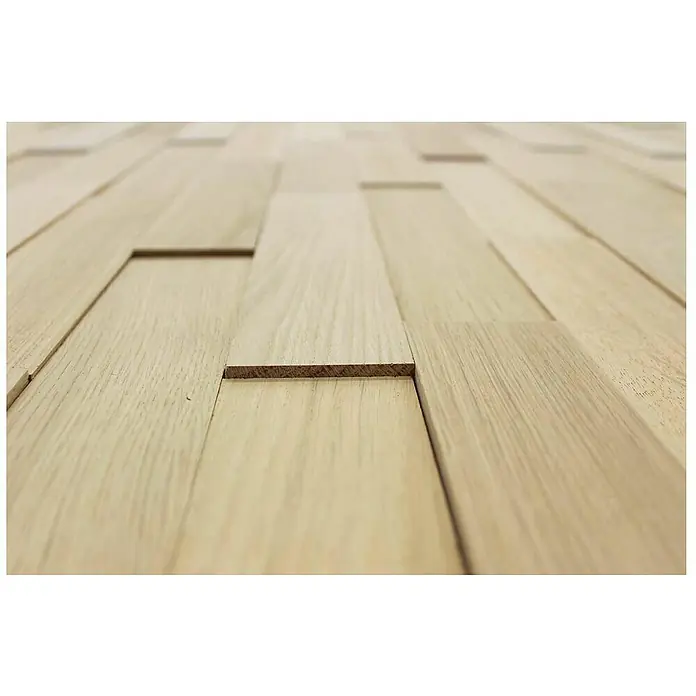 Wodewa Holzriemchen 200 Eiche Natur - 100 Stk., L x B: 200 x 50 mm, 2 mm - 6 mm, Max. Anwendungsfläche: 1 m², Unbehandelt - Nahaufnahme eines hellen Holzfußbodens mit einem einzigartigen Muster und natürlicher Maserung, das die Schönheit des Holzes hervorhebt.