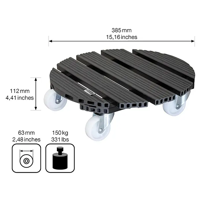 Wagner System Pflanzenroller - 38,5 cm, WPC, Anthrazit, Max. Belastung: 120 kg - Abbildung einer Rolluntersetzer mit vier Rädern, der bis zu 150 kg tragen kann.