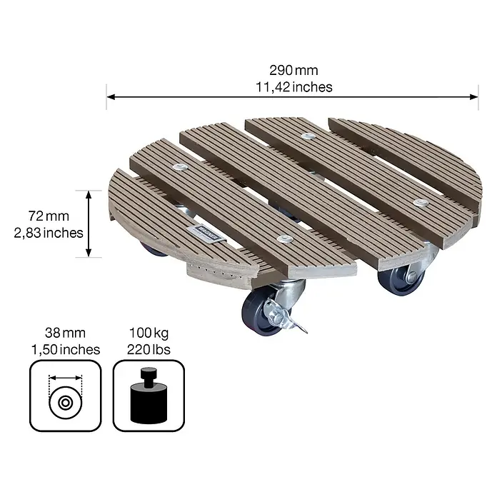 Wagner System Pflanzenroller - WPC, Taupe, Max. Belastung: 100 kg - Bild eines runden Pflanzenrollers aus Holz mit Rollen, der eine maximale Last von 100 kg tragen kann.