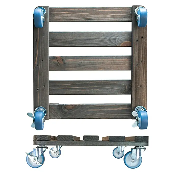 Wagner System Pflanzenroller - L x B x H: 40 x 40 x 12 cm, Holz, Grau, Max. Belastung: 200 kg - Abbildung eines Pflanzenroller aus dunklem Holz mit blauen Rädern, praktisch für den Transport schwerer Pflanzen.