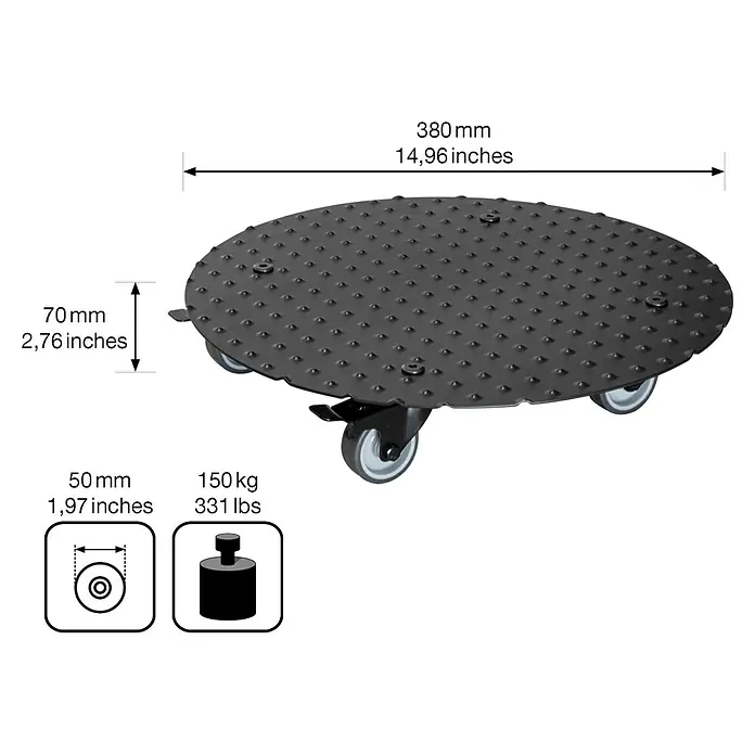 Wagner System Pflanzenroller - Durchmesser: 38 cm, Aluminium, Schwarz, Max. Belastung: 150 kg - Produktbild einer runden, schwarzen Pflanzenroller mit den Massen und der maximalen Belastbarkeit.