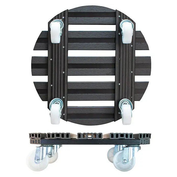 Wagner System Pflanzenroller - 38,5 cm, WPC, Anthrazit, Max. Belastung: 120 kg - Dieses Bild zeigt einen runden Pflanzenroller aus dunklem Holz mit vier weißen Rollen, der das Bewegen von schweren Pflanzen erleichtert.