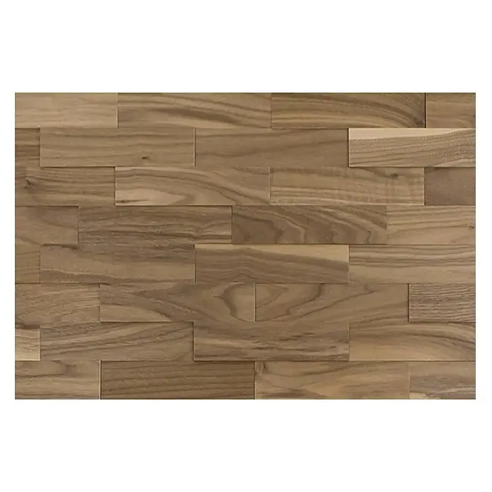 Wodewa Holzriemchen 200 Nussbaum - 100 Stk., L x B: 200 x 50 mm, 2 mm - 6 mm, Max. Anwendungsfläche: 1 m², Unbehandelt - Nahaufnahme einer dekorativen Holzverkleidung mit einem attraktiven, horizontalem Ziegelmuster für Innenräume.
