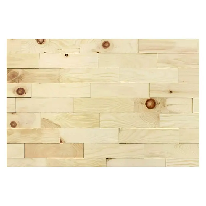 Wodewa Holzriemchen 200 Zirbe - 200 x 50 mm, Stärke: 2 mm - 6 mm, 100 Stk., 1 m², Strukturiert UV-geölt - Nahaufnahme einer Wandverkleidung aus hellem Kiefernholz mit Astlöchern, die eine natürliche und rustikale Optik verleiht.
