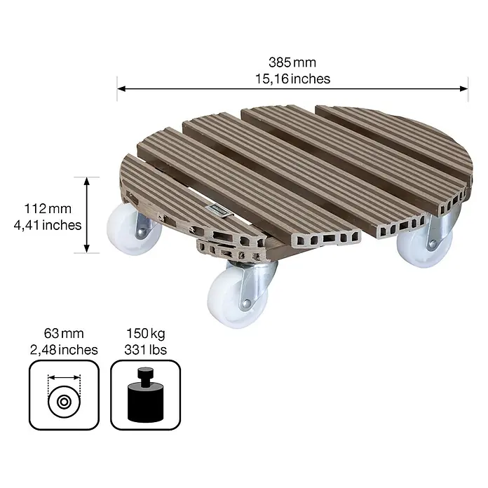 Wagner System Pflanzenroller - WPC, Taupe, Max. Belastung: 150 kg - Ein runder, brauner Pflanzenroller mit Rädern und Größenangaben.
