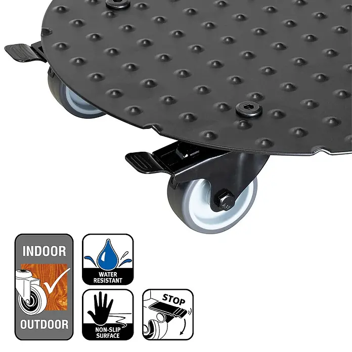 Wagner System Pflanzenroller - Durchmesser: 30 cm, Aluminium, Schwarz, Max. Belastung: 150 kg - Nahaufnahme einer runden Pflanzenrollerbasis mit Rollen, die für den Innen- und Außenbereich geeignet ist, mit rutschfester Oberfläche.