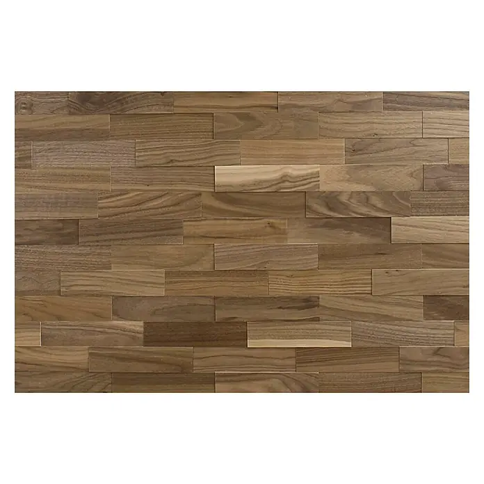 Wodewa Holzriemchen 200 Nussbaum - 100 Stk., L x B: 200 x 50 mm, 2 mm - 6 mm, Max. Anwendungsfläche: 1 m², Unbehandelt - Nahaufnahme eines Holzpaneel-Hintergrunds mit warmen Brauntönen, der eine natürliche und rustikale Textur zeigt.