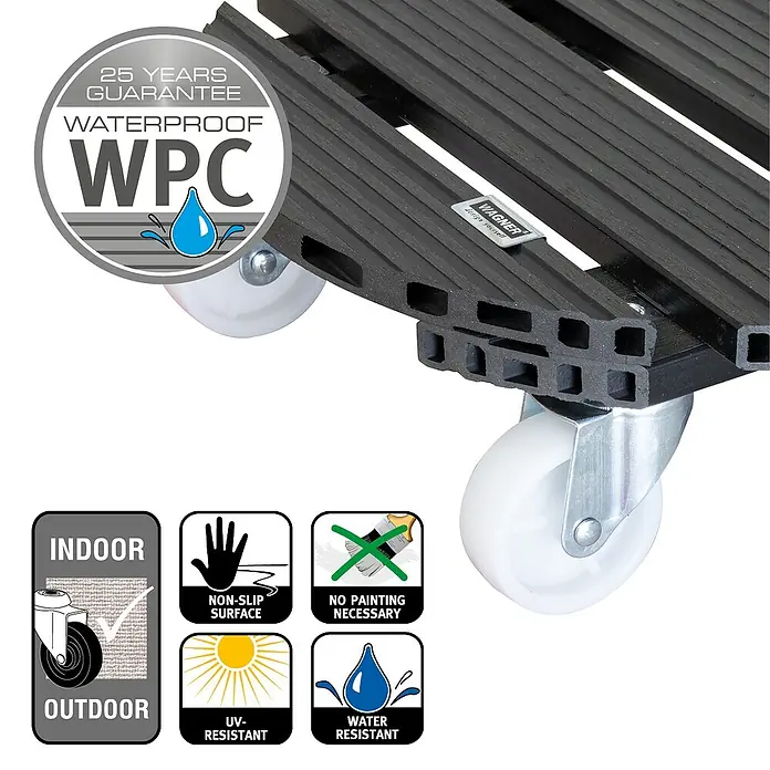 Wagner System Pflanzenroller - 38,5 cm, WPC, Anthrazit, Max. Belastung: 120 kg - Bild eines WAGNER Pflanzenrollers aus WPC mit 25 Jahren Garantie, wasserfest, für Innen- und Außenbereich geeignet, UV-beständig.