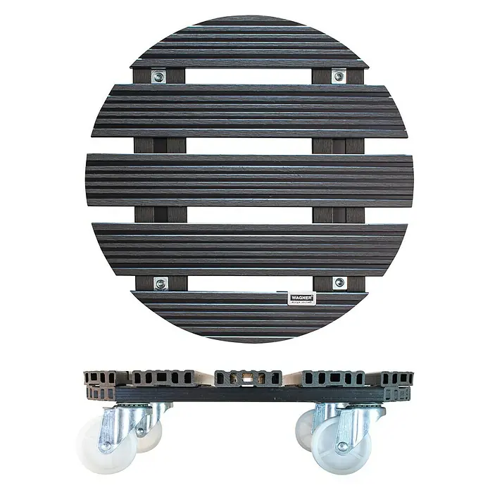 Wagner System Pflanzenroller - 38,5 cm, WPC, Anthrazit, Max. Belastung: 120 kg - Das Bild zeigt einen runden, braunen Pflanzenroller mit Rollen. Der Pflanzenroller hat ein Lattenmuster.