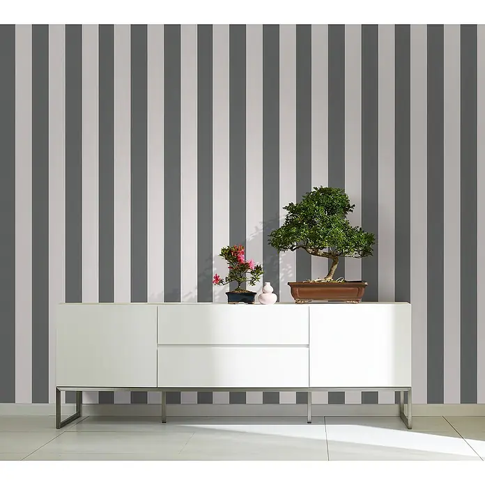 Marburg Kids' Walls Vliestapete - Weiß/Anthrazit, Streifen, 10,05 x 0,53 m - Elegantes Sideboard in Weiß mit minimalistischem Design, dekoriert mit Bonsai-Bäumen, vor einer gestreiften Wand.