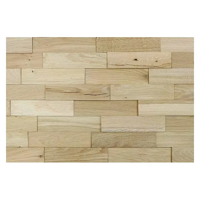 Wodewa Holzriemchen 200 Eiche rustikal - 100 Stk., L x B: 200 x 50 mm, 2 mm - 6 mm, Max. Anwendungsfläche: 1 m², Unbehandelt - Nahaufnahme von Holzwandpaneelen. Holzpaneele schaffen eine warme, natürliche Atmosphäre mit ihrer hellen, natürlichen Farbe.