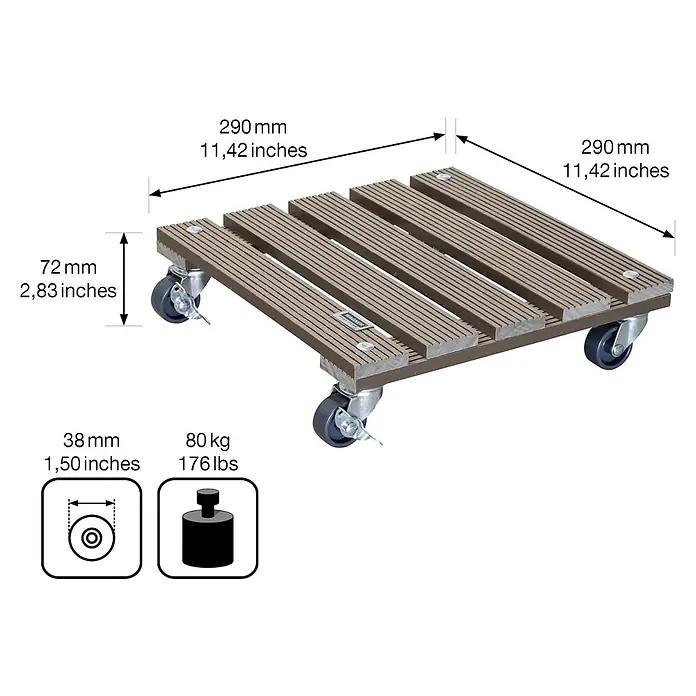 Wagner System Pflanzenroller - 29 x 29 cm, WPC, Taupe, Max. Belastung: 80 kg - Detailaufnahme eines Rollbretts mit Maßangaben und Gewichtsangabe.