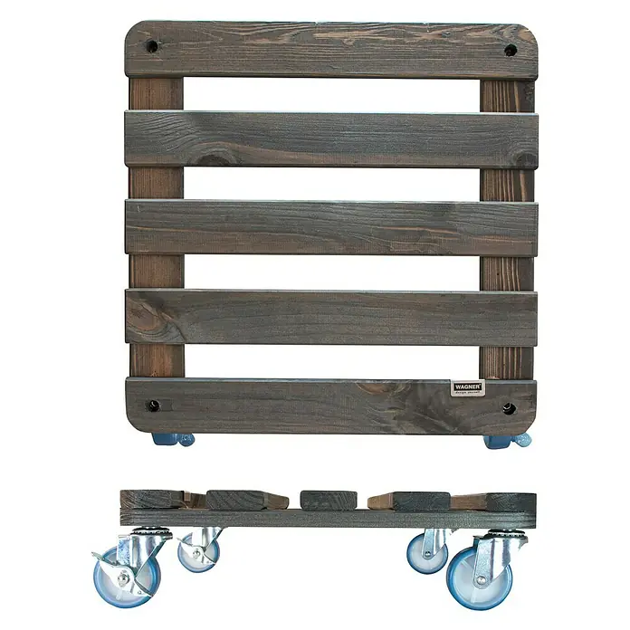 Wagner System Pflanzenroller - L x B x H: 40 x 40 x 12 cm, Holz, Grau, Max. Belastung: 200 kg - Ein braunes, hölzernes Rollbrett mit Rollen, das sich ideal für den Transport von Pflanzen eignet. Praktisch und stabil!
