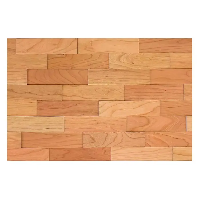Wodewa Holzriemchen 200 Kirsche - 200 x 50 mm, Stärke: 2 mm - 6 mm, 100 Stk., 1 m², Unbehandelt - Dieses Bild zeigt eine Nahaufnahme von Paneelen aus natürlichem Holz, die ein warmes und einladendes Muster erzeugen. Perfekt für rustikale Akzente.