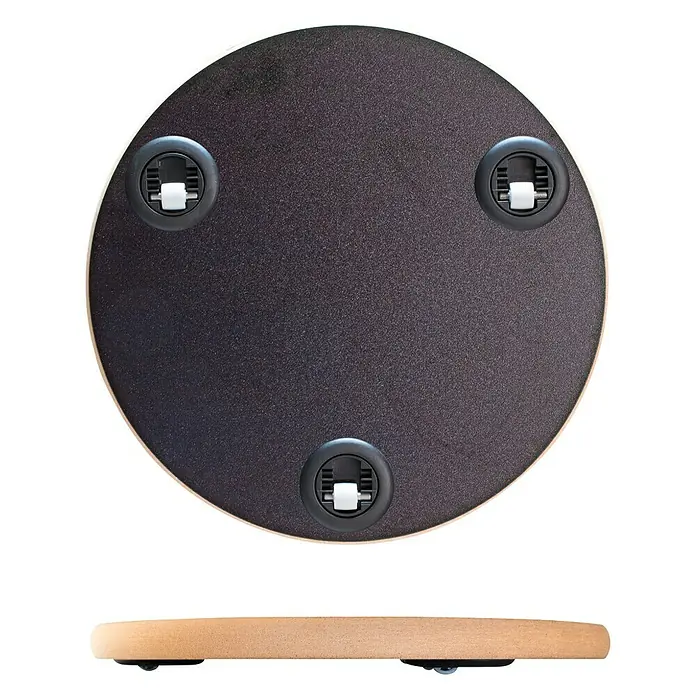 Wagner System Pflanzenroller - Durchmesser: 29,5 cm, Holz, Schwarz, Max. Belastung: 100 kg - Hier ist die Unteransicht eines runden Möbelgleiters mit schwarzen Rollen an einem hellbraunen Holzrahmen auf schwarzem Hintergrund.