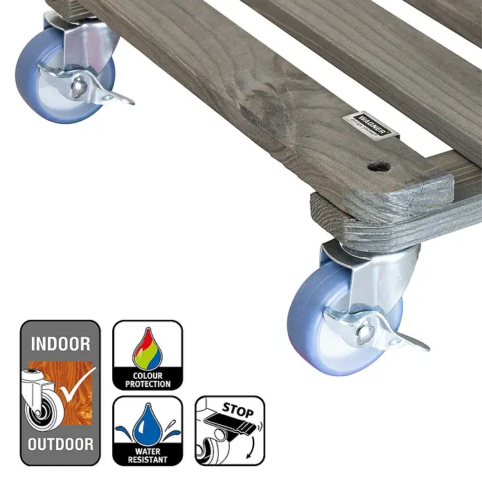 Wagner System Pflanzenroller - L x B x H: 40 x 40 x 12 cm, Holz, Grau, Max. Belastung: 200 kg - Produktbild eines Holzrollers mit blauen Rädern und Feststellbremse, geeignet für drinnen und draußen, farb- und wasserabweisend.