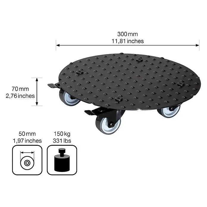 Wagner System Pflanzenroller - Durchmesser: 30 cm, Aluminium, Schwarz, Max. Belastung: 150 kg - Produktbild einer runden Pflanzenroller mit Rollen und technischen Daten. Durchmesser 300mm, Höhe 70mm, Rollen 50mm, maximale Traglast 150kg.